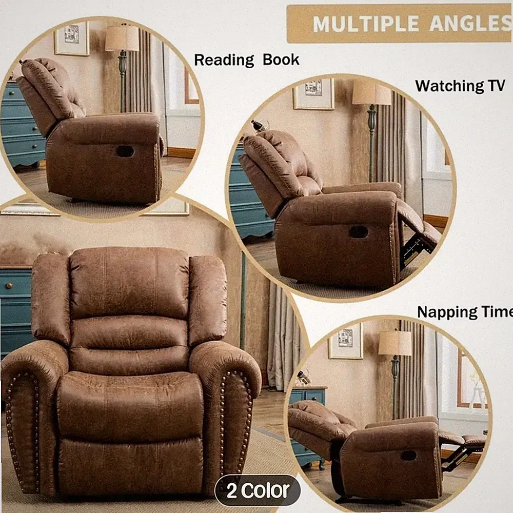Brown Leather Manual Recliner Comfy Arm & Back Sofa for Living Room