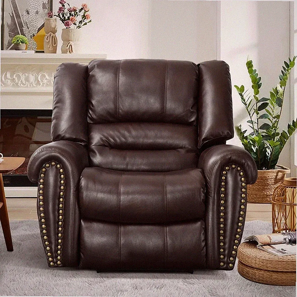 Brown Leather Recliner Large Chairs Manual Arm Chair Recliners Nailhead Oversize