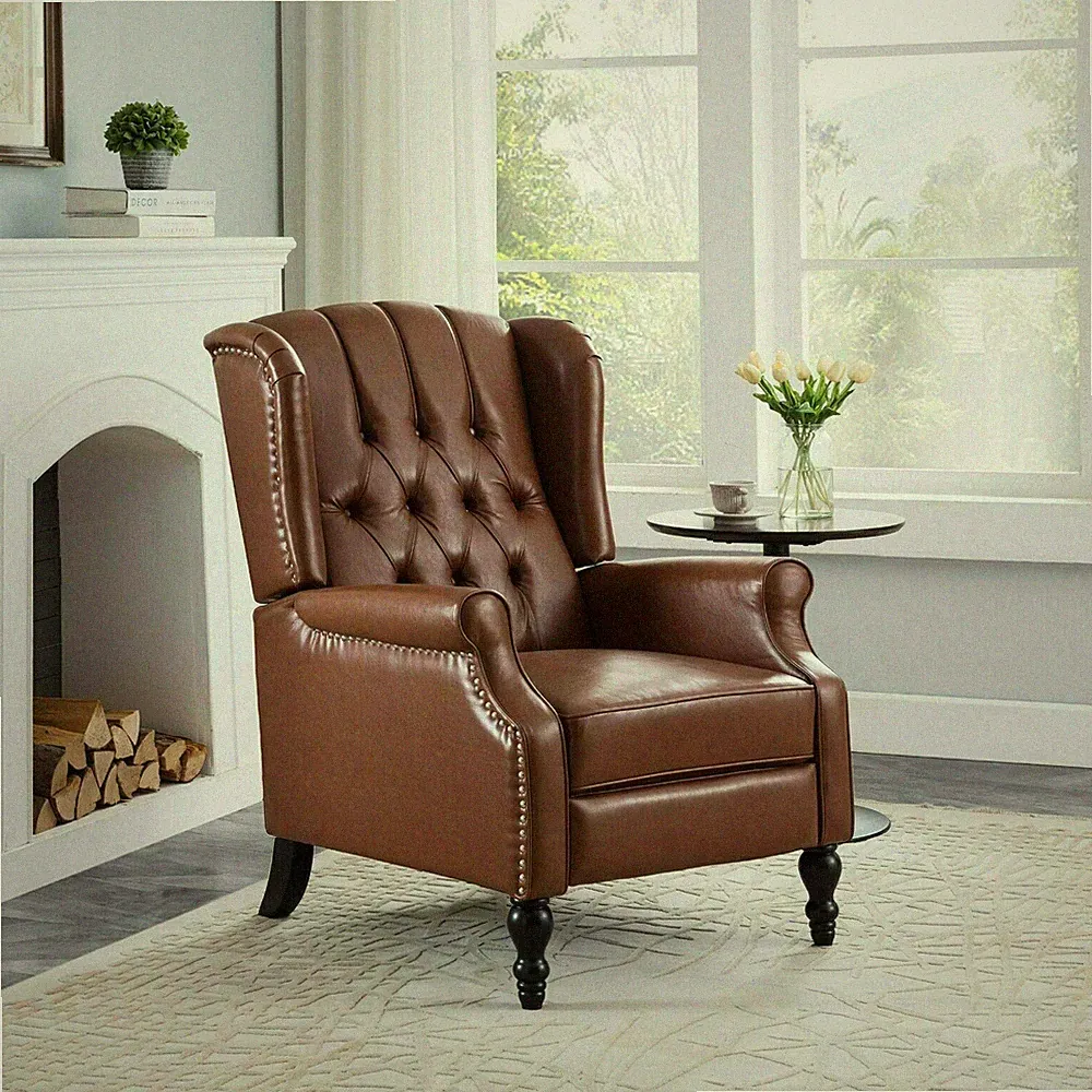Contemporary Tufted Wingback Recliner, Cognac Brown