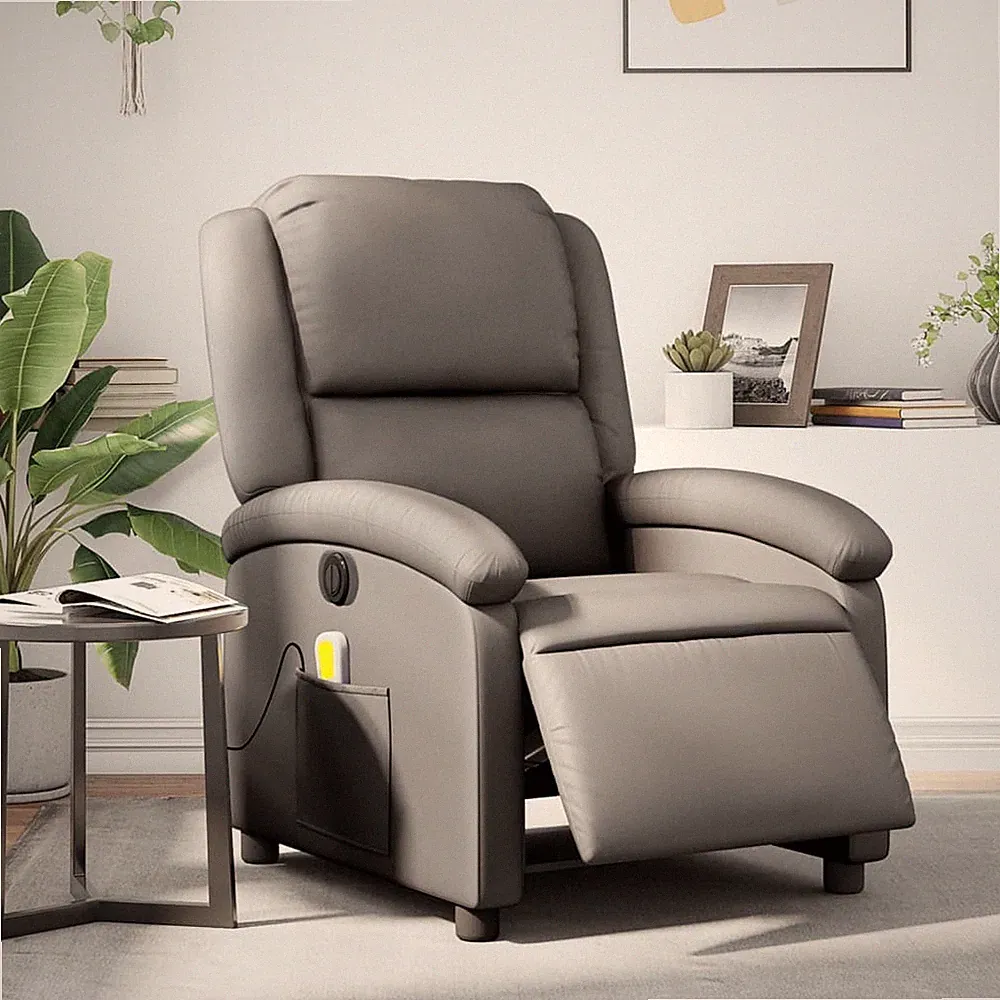 Electric Massage Recliner Chair Gray Real Leather